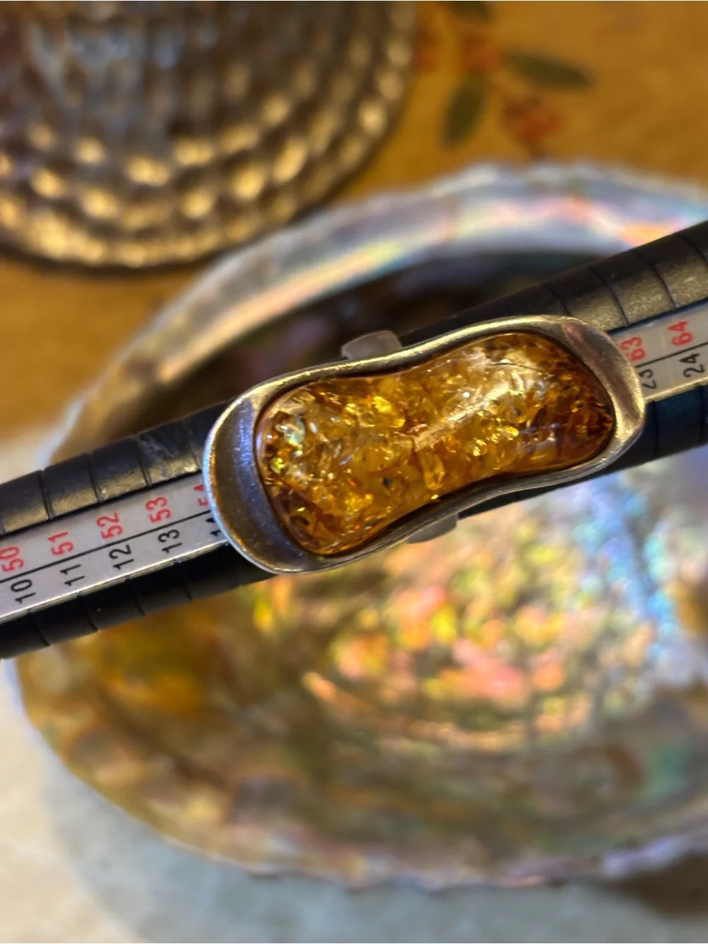 Amber Stone Silver Ring - Yellow Amber Accent